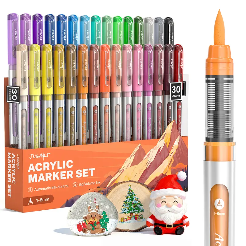 【Back to School Shopping】JusArt 30-Color Flexible Brush Tip Acrylic Marker Set, Waterproof Ink-Based Opaque Artist Quality Assorted Colored Markers & Highlighters, Premium Office Stationery for Students, Various Surfaces