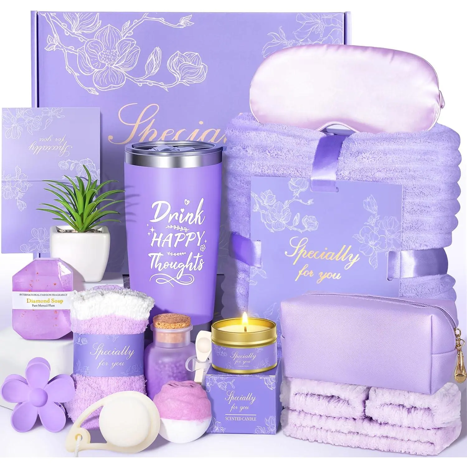 15Pcs Get Well Soon Gift Baskets for Women, Self Care Gifts, Sympathy & Encouragement Gift After Surgery with Flannel Blanket & 20oz Tumbler, Mothers Day Gifts for Mom Wife Friends (Purple)