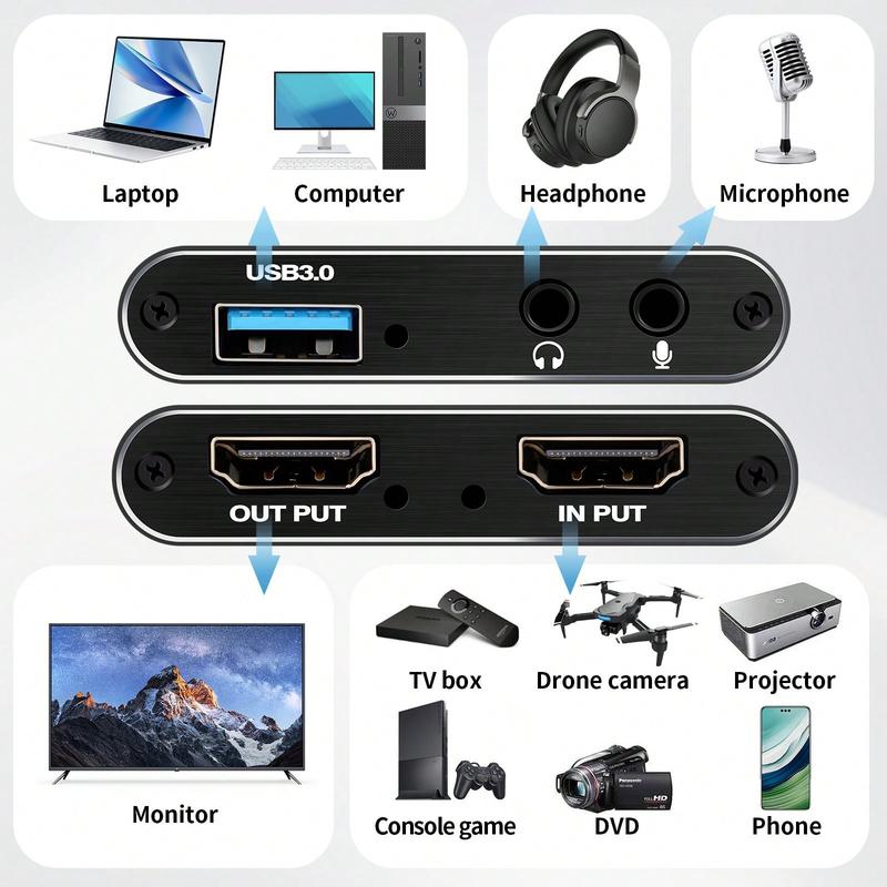 Capture Card, Audio Video Capture Card with Microphone 4K HDMI Loop-Out, Video Recorder for Gaming/Live Streaming/Video Switch/PS4/OBS/Camera/PC Accessories Conference