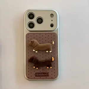 Electroplated Mirror Large Window Glue Dotted Flocked Dachshund Phone Case for iPhone 13 14 15 16 17 Pro Max Cute Cartoon INS Style Protective Cover