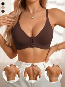 Women's Front Buckle Seamless Smooth Backless Underwear Bra, Fit, Adjustable Straps, Push-Up, Lined, Plain Design, Ideal for Weddings & Parties, Daily Wear