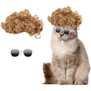 NEW  Cat Apparel Cat Gold Afro Wig with White Small Glasses Styling Cute Funny Pet Hair Accessories Decoration for Halloween, Christmas, Parties