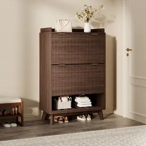 Fluted Shoe Storage Cabinet for Entryway with 2 Flip Drawers, Adjustable Shelves and Open Bottom Shelf, 48 Inch Tall Narrow Freestanding Wood Shoe Organizer with Curved Profile for Hallway Living Room Apartment