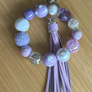 With a LittleLove Wristlet Keychain Purple Varieties Beaded Keychain Accessories Handmade Gift Durable Stretchy Cord Easy-to-Clip Keyring with Tassel Light Purple & Dark Purple Options