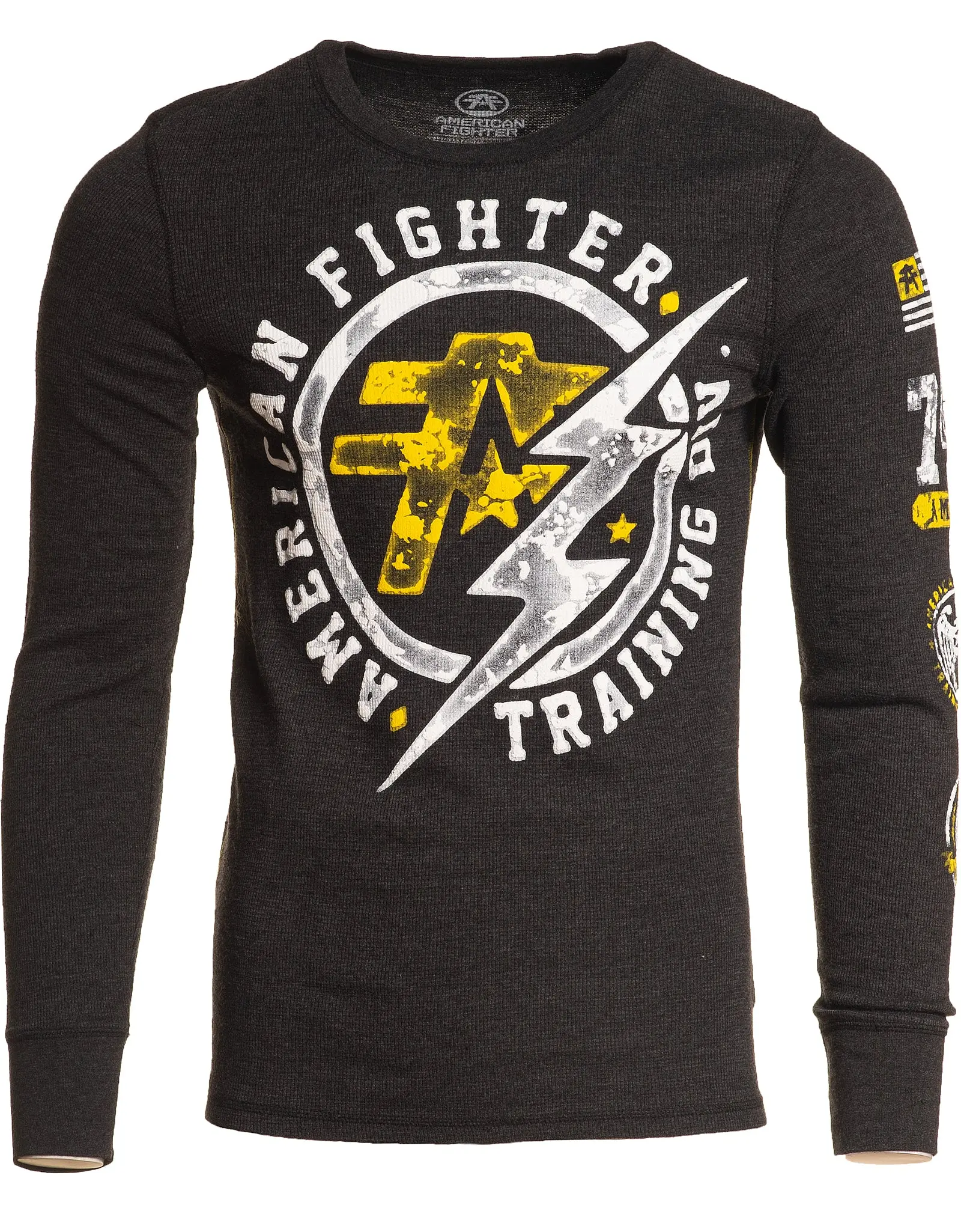 American Fighter Men's Black Heritage Graphic Print Crew Neck Thermal Shirt - Long Sleeve Waffle Knit Cotton Blend Pull-On Casual Wear 2XL Full Length Menswear Top, Pull-On Wear, Cold Wash