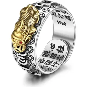 MILACOLATO Feng Shui Pixiu Mantra Ring 925 Sterling Silver Feng Shui Ring Protection Lucky Amulet Wealth Health Buddhist Vintage Adjustable Pixiu Ring for Women Men