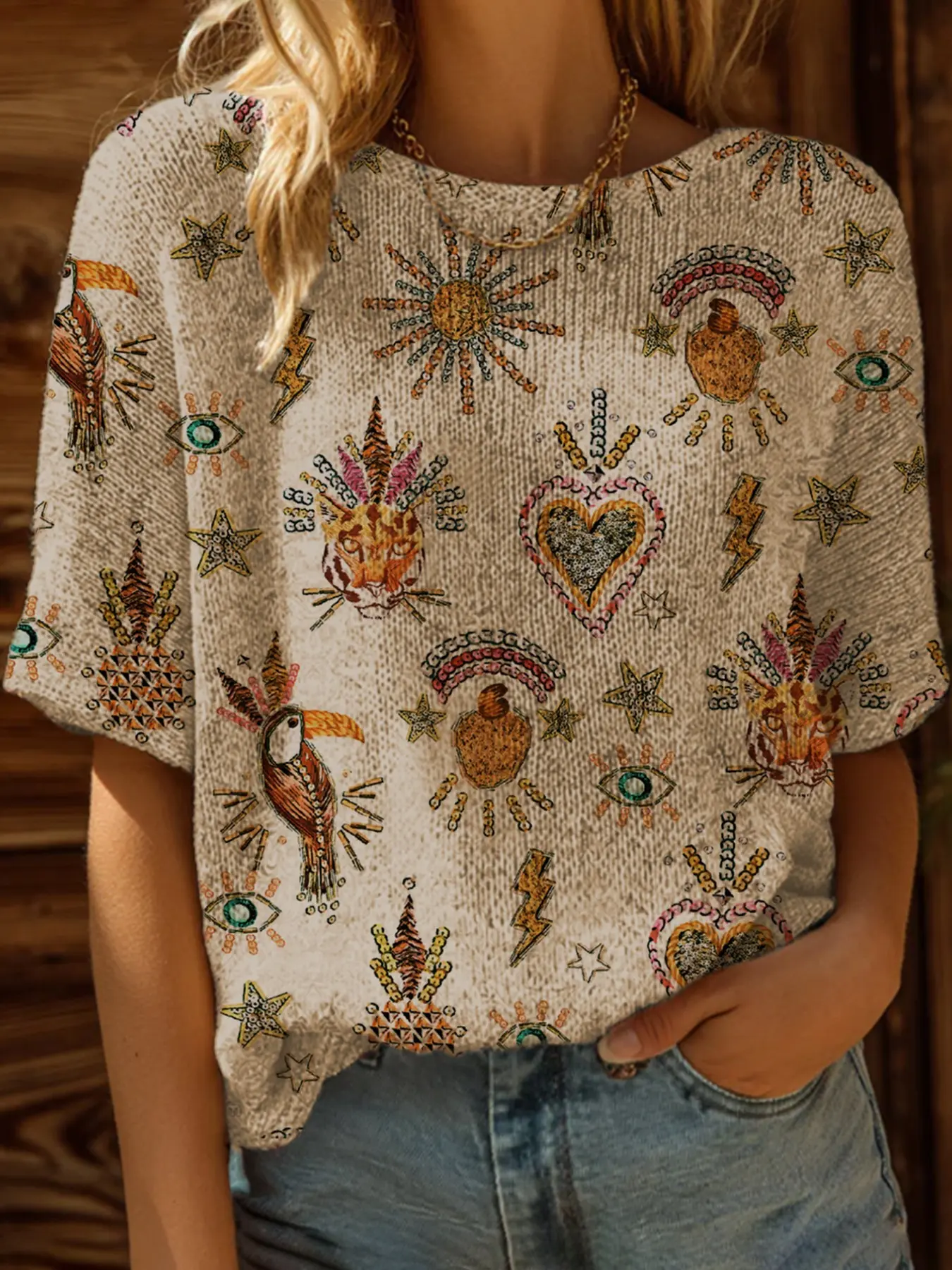 Spring Summer Knit Top, One Shoulder Straps, Colorblock Vintage Print Short Sleeve, Casual Elegance Commute Wear, Women's Boho Beachwear, Bohemian, Fitted Blouse