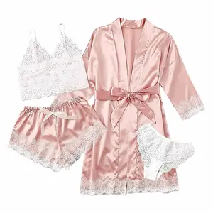 Women's Lace Satin Pajama Set Summer Sexy Sleepwear with Silk Robe 4-Piece Comfortable V-Neck Three Quarter Sleeve Nightwear