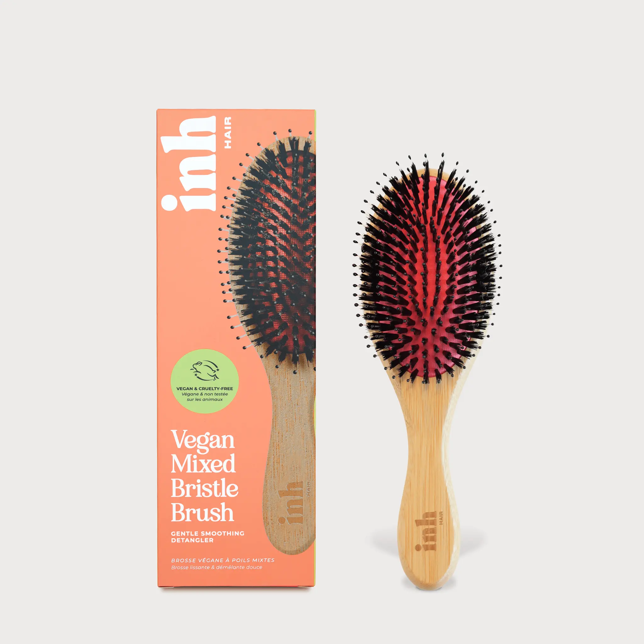 INH Hair Full Size Vegan Mixed Boar Bristle Brush for All Hair Types and Synthetic Extensions Handy Ergonomic Paddle Hairbrush for Detangling Styling and Shine