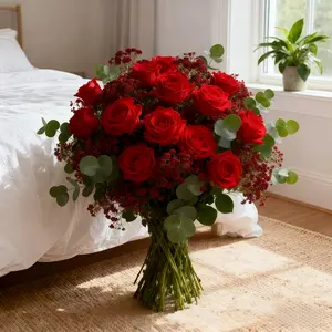 Red rose bouquet, artificial flower bouquet with roses, baby's breath, and eucalyptus, perfect for home decoration, holiday decoration, wedding decoration, bridal bouquet, gift giving, store decoration, and restaurant decoration