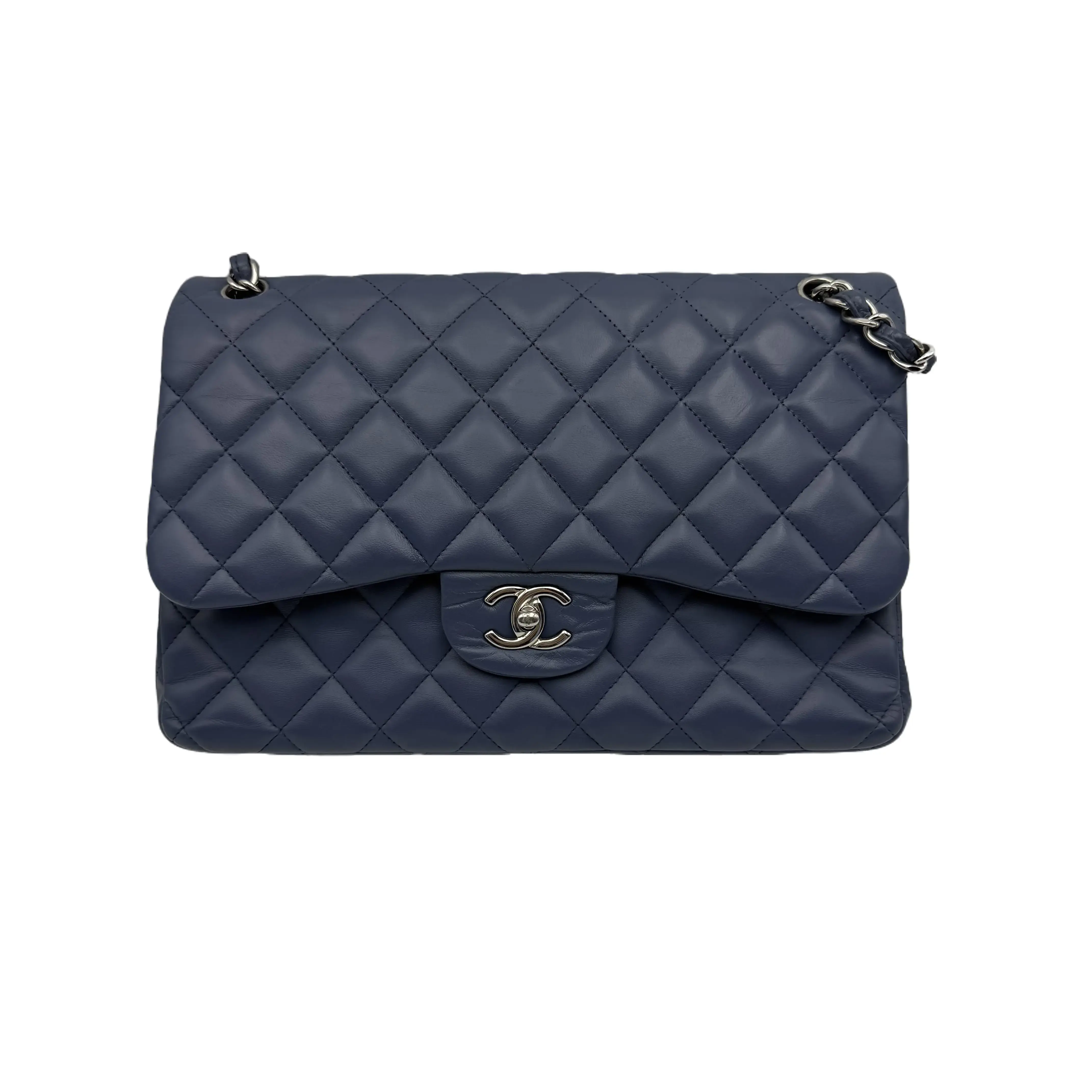 Pre-owned CHANEL france Crossbody Bags h8 Dusty Blue Calfskin Jumbo Crossbody Bag 71866