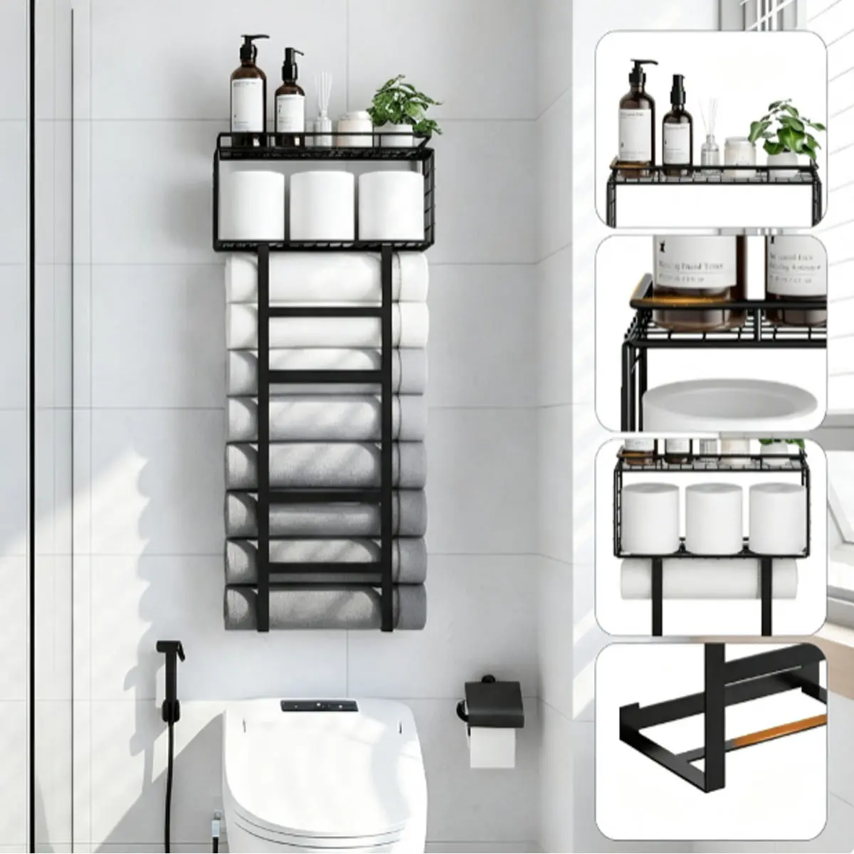 FEELSO Towel Racks for Bathroom Wall Mounted, 4-Tier Bathroom Towel Rack Storage | Shelf and Basket, Hold 6 Large Rolled Towels, 32-Inch Heavy Duty Towel Storage for Bathroom, RV, Black