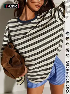 Women's Classic Casual Striped Long Sleeve Spring Fall Round Neck Fitted Top, Versatile Stripes Design, Perfect for Daily Wear, Everyday, Womenswear, Casual Comfy Tee