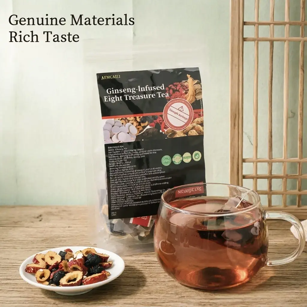 Ginseng 8 Treasures Herbal Tea, 30 Caffeine-Free Sachets with Maca, Polygonatum, Lycium, Jujube, Natural No Artificial Additives Brew for Daily Wellness Support