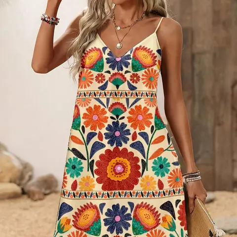 Women's Summer Dress, Casual Boho Style Bohemian Fashion Boho Styles Fashion Floral Print Mini V-Neck Halter Spaghetti Strap Sleeveless Dress, Stylish and Comfortable, Perfect for Daily Wear, Bohemian Dress, Beach Resort Wear