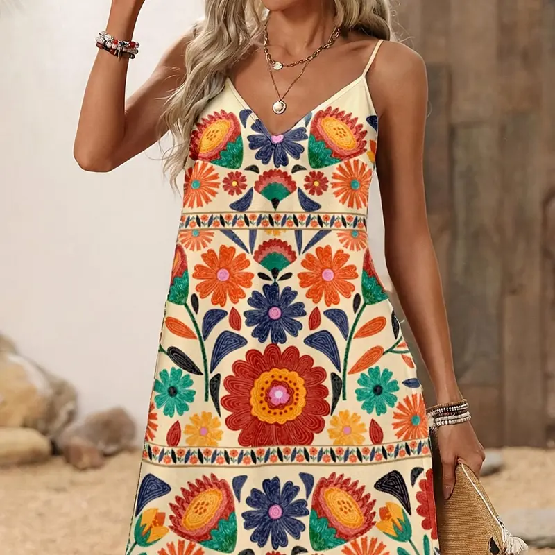 Women's Summer Dress, Casual Boho Style Bohemian Fashion Boho Styles Fashion Floral Print Mini V-Neck Halter Spaghetti Strap Sleeveless Dress, Stylish and Comfortable, Perfect for Daily Wear, Bohemian Dress, Beach Resort Wear