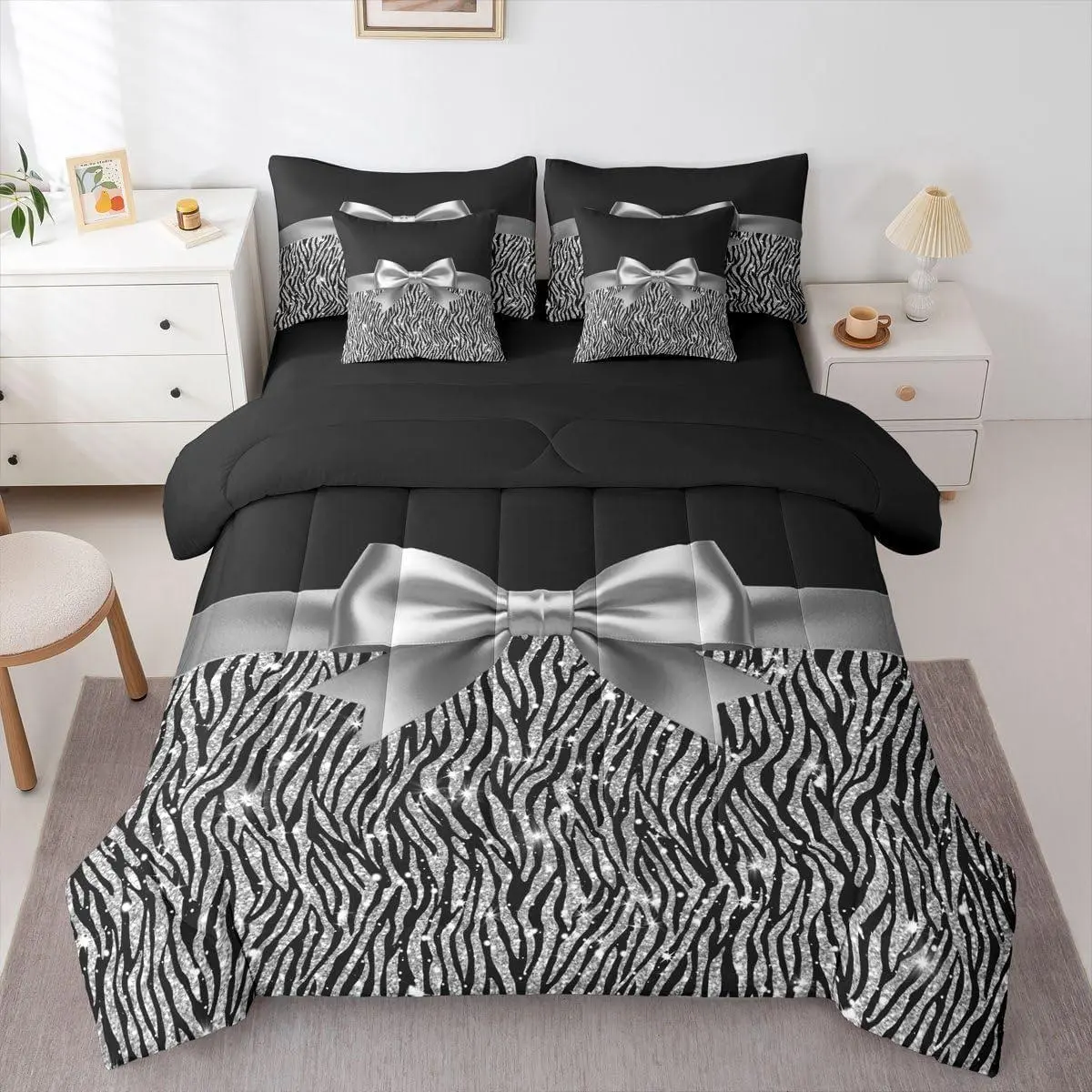 Silver Bowknot 7 Piece Bedding Set Black and Silver Glitter Print Comforter Set with Sheets Adults Black and White Bow Bed in A Bag Modern Zebra Print Bed Set