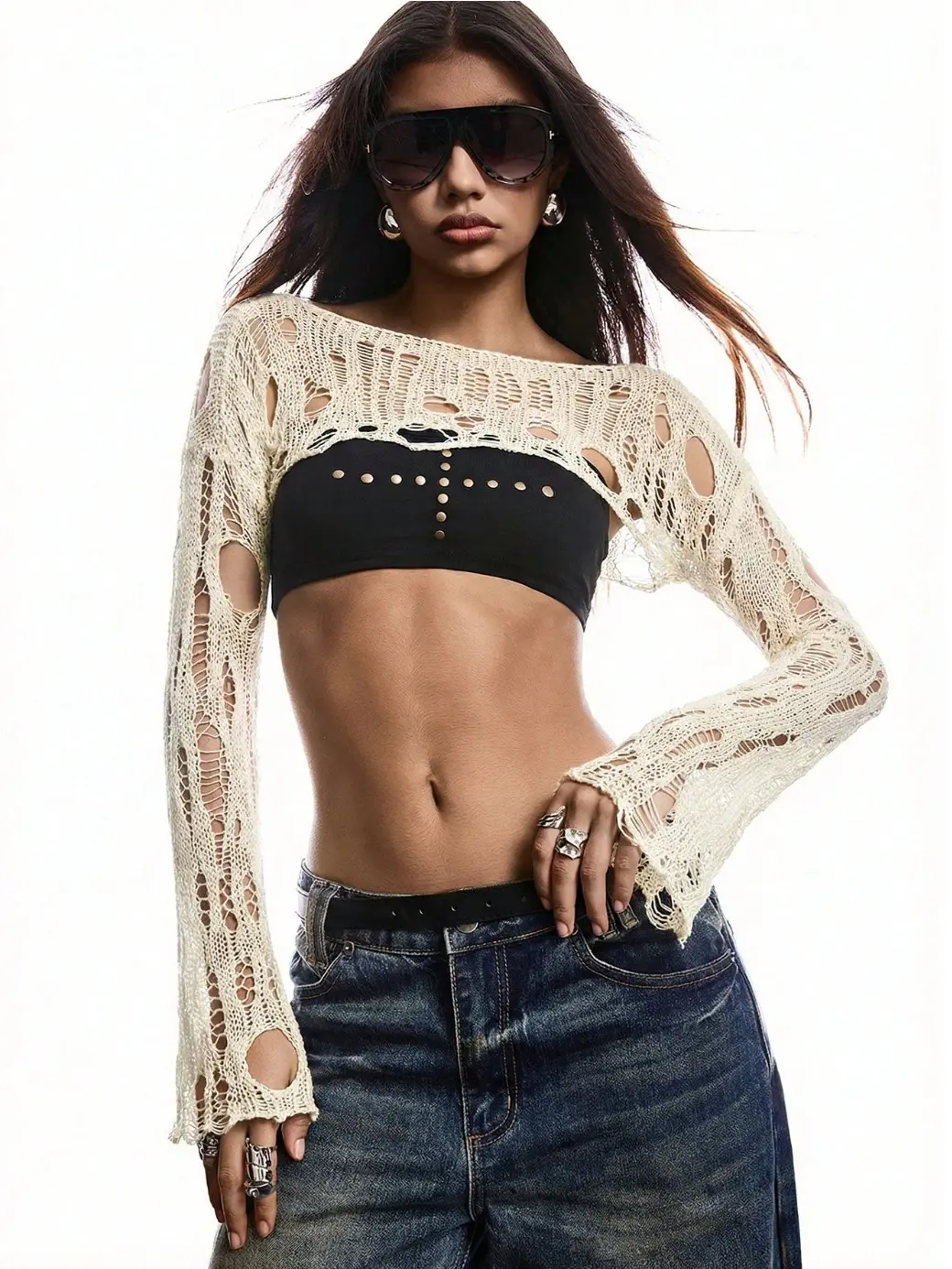 Women's Distressed Crochet Knit Shrug Sheer Long Sleeve Bolero Y2K Beach Cover Up Crop Sweater