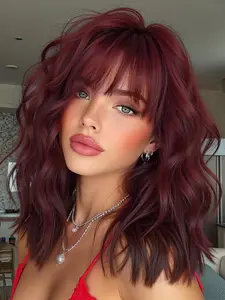 Short Wine Red Curly Bob Wig with Bangs for Women Natural Looking Heat Resistant Synthetic Hair Wig