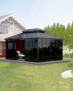 12x16 ft Hardtop Gazebo Sunroom, Enclosed Gazebo with Floor-to-Ceiling Sliding Doors, All-Aluminum Alloy Frame, Screen Outdoor Room Solarium for Backyard, Patio, and Deck