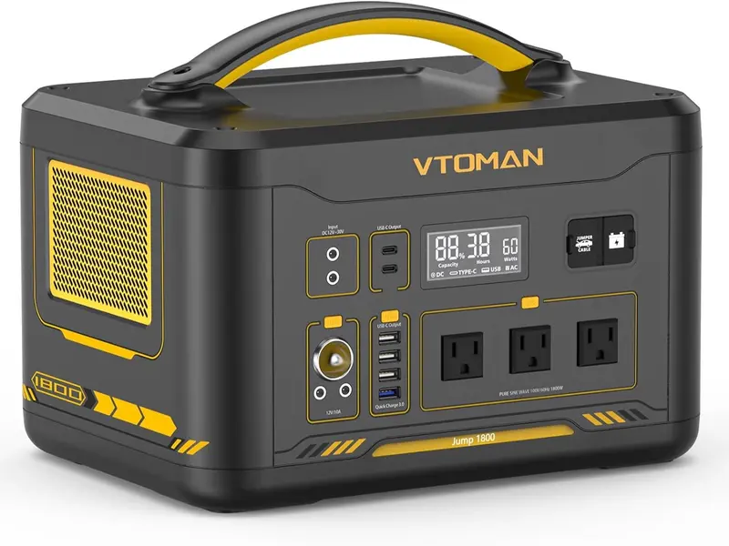 VTOMAN Jump 1800 Portable Power Station 1800W/1548Wh, Expandable LiFePO4 (LFP) Battery Powered Generator with 3x Pure Sine Wave 1800W (Surge to 3600W) AC Outlets, 3x Regulated 12V/10A DC, Dual PD 100W