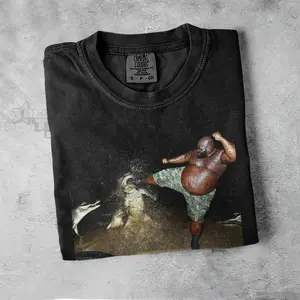 Hilarious Black Guy Kicking Crocodile Meme T-Shirt in Soft Comfort Colors, Vintage Faded Pigment Dyed Heavyweight Tee, Unisex Relaxed Fit Oversized Shirt with 90s Vibe and Casual Streetwear Style, Cozy Everyday Wear Essential