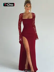 Women's Solid Contrast Lace Long Sleeves Split Thigh Bodycon Dress, Elegant Classy Flattering, Square Neck Ruched Cut Out Backless Lace-up Slit Maxi Dress, Party Club Date, Formal Wear, Daily Casual, Spring & Fall Wear