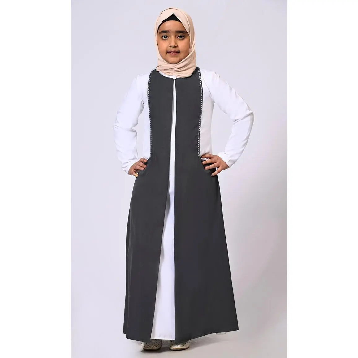 Double Layered Girl's Grey Abaya with Sequined Yoke and Front Pockets - Final Sale