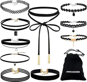 CN-01 Black Velvet Choker Necklaces with Storage Bag for Women Girls, Pack of 10