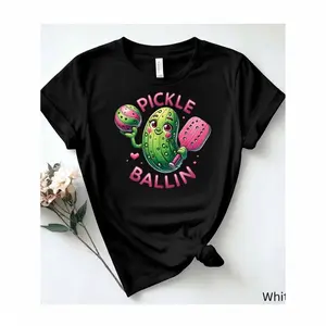 Pure Cotton White Women's T Shirt Featuring a Playful Pickleball Cucumber Motif