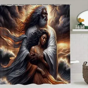 Creative Guardian Theme Shower Curtain Set, Long Hair Beard Figure Hugging Woman, Storm Lightning Background, Includes Hooks, Bath Mat, Toilet Pad, U-Shaped Pad