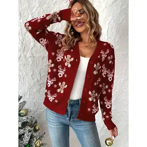 Women's Red & White Christmas Reindeer & Snowflake Sweater Coat - V-Neck Button-Front Collar Long Sleeve Winter Jacket, Casual Elegant Holiday Party Outfit for Xmas, New Year's, Dates & (Hand Washable)