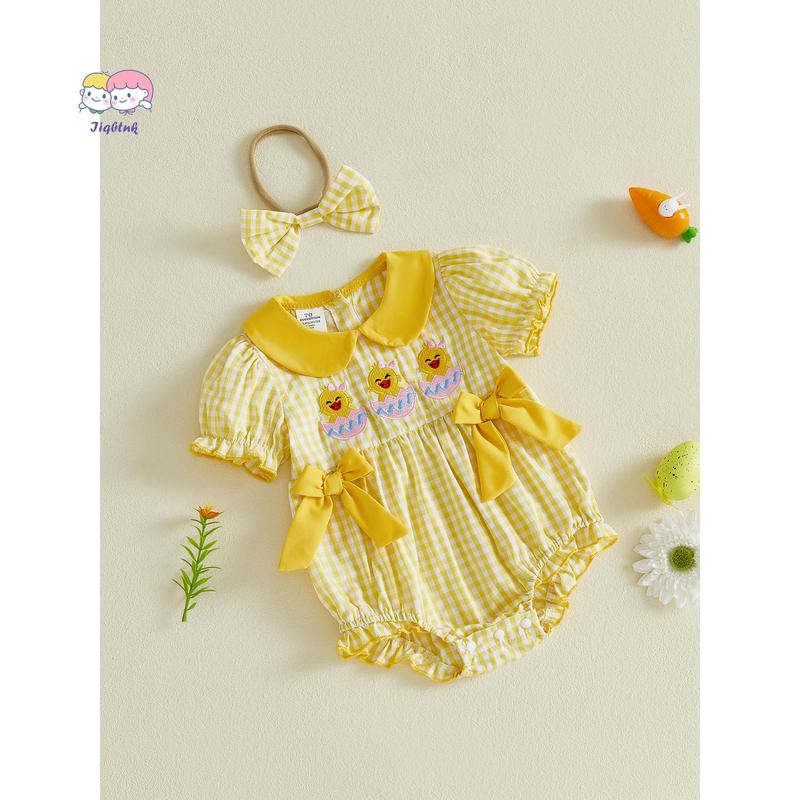 Baby Girl Easter Outfits Short Sleeve Chick Embroidery Romper with Headband Set Newborn Clothes