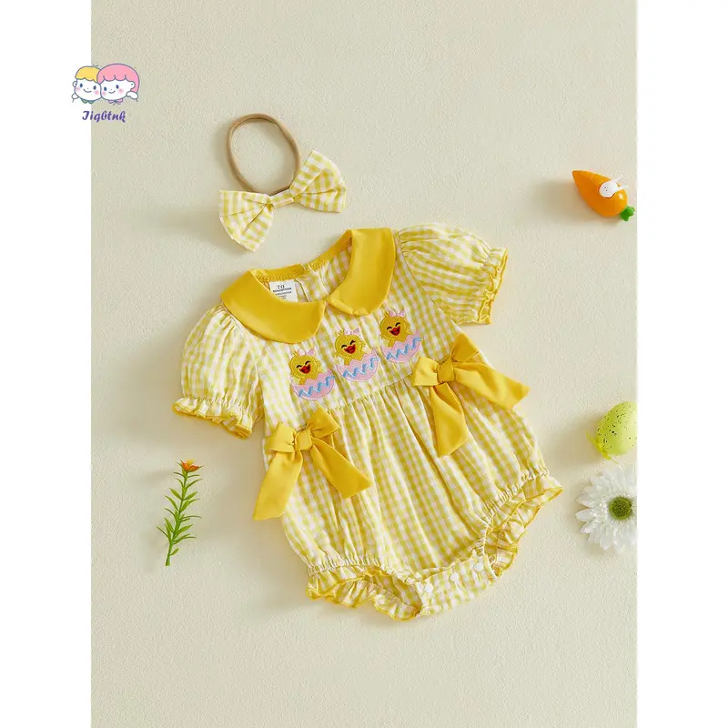 Baby Girl Easter Outfits Short Sleeve Chick Embroidery Romper with Headband Set Newborn Clothes