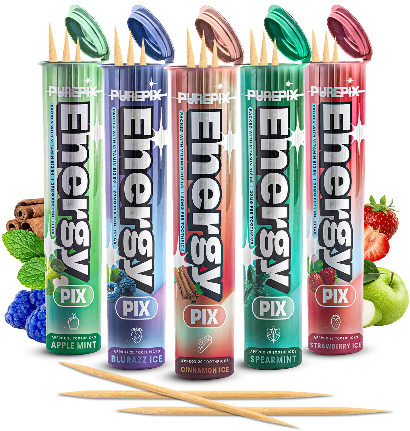 EnergyPix Extra Thick Caffeine Flavored Toothpicks - With L-theanine - B 12, for Enhanced Focus Ideal Alternative to Energy Mints - Energy & Focus, 20