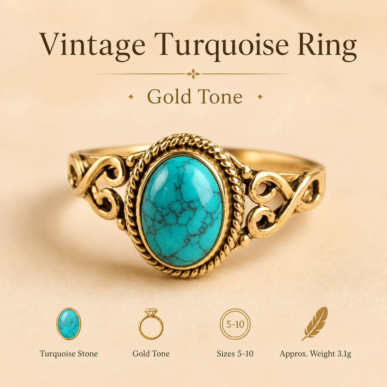 Women's Vintage Turquoise Ring - Silver-Gold Tone, Oval Sparkling Stone, Lightweight, Comfortable, Boho Vibe, Scrollwork, 5 to 10 Sizes, Dainty Style, Vintage Gold, Versatile Costume Jewelry for Daily Wear & Gifting