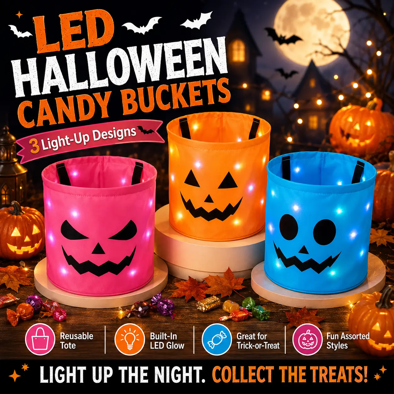 3 Pcs Halloween Candy Bucket with LED Lights Non Woven Gift Bags Trick or Treat Bags Pumpkin Candy Bags Reusable Tote Bags for Kids Students Adults, Night Light Bags for Home Garden Lawn Decorations, Halloween Birthday Christmas Party Favor Supplies tikto