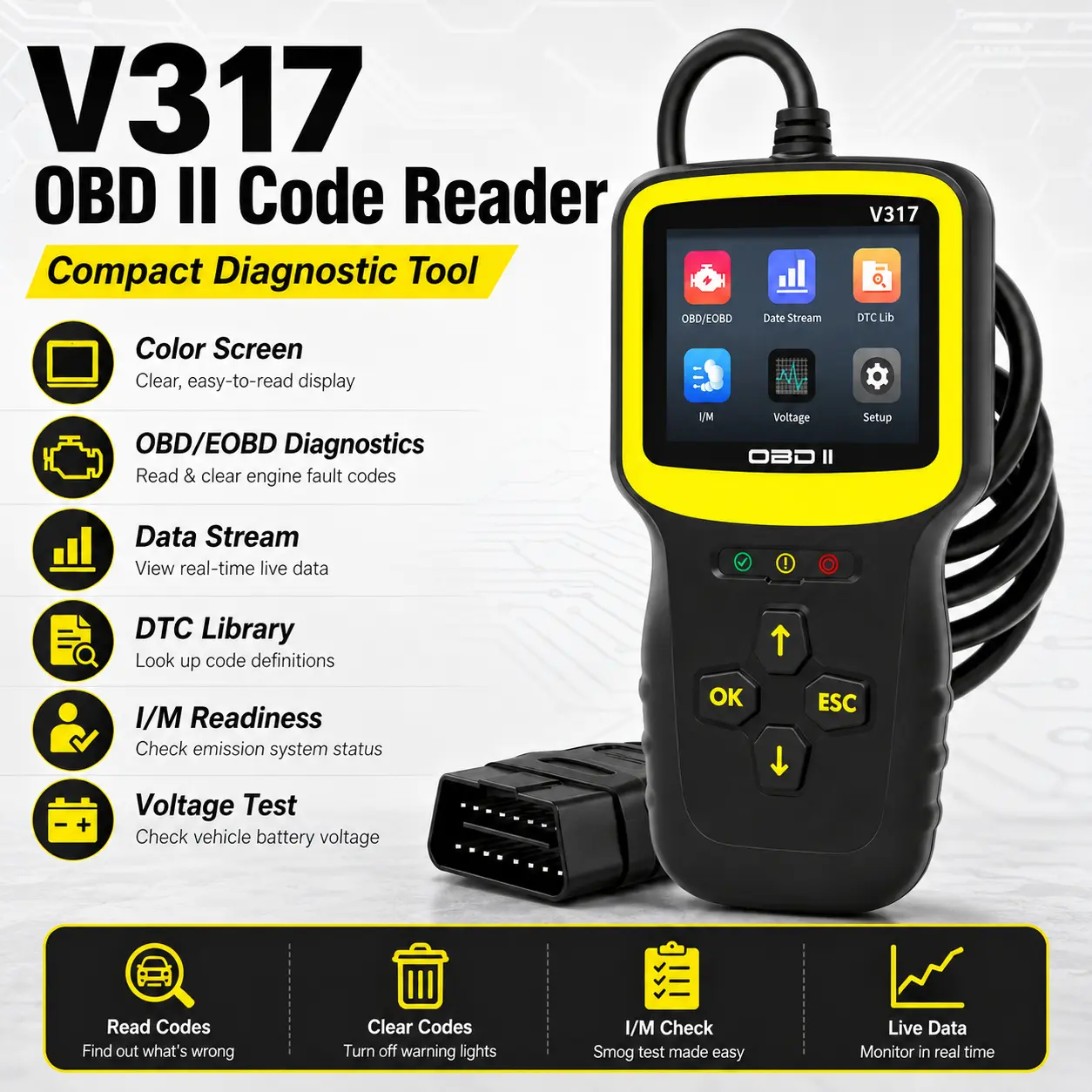 V317 OBD2 Scanner Diagnostic Tool, Automotive Check Engine Code Reader with Color Screen, Live Data, DTC Library, I/M Readiness and Battery Voltage Test for Compatible OBDII/EOBD Vehicles