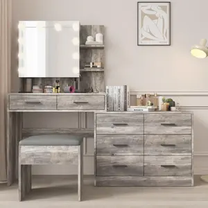 summervibes Sanded particle board with triamine coating, 8 drawers, 2 layers of shelves, 1 mirror cabinet combination, makeup table set, with three-tone light bulbs, combination cabinet