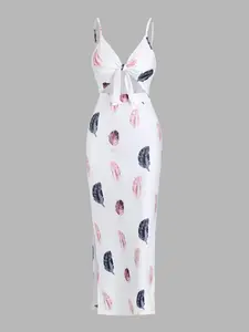 Women's Floral & Feather Print Cut Out Backless Cami Dress Adjustable Strap Split Thigh Long Dress for Summer, Ladies Clothes for Beach Holiday Boho Sleeveless Dress