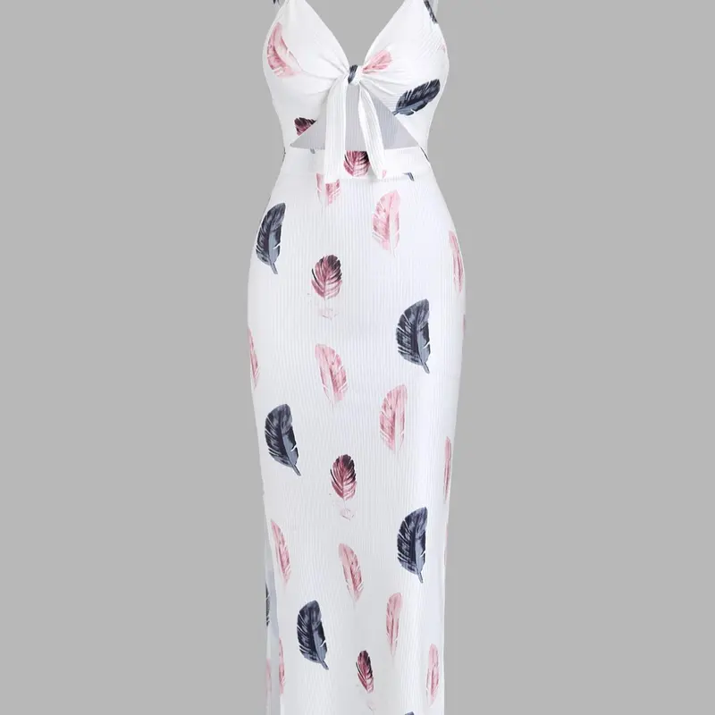 Women's Floral & Feather Print Cut Out Backless Cami Sleeveless Bodycon Dress, Casual Spaghetti Strap Adjustable Strap Split Thigh Long Dress for Summer, Ladies Clothes for Beach Holiday, Cutout Slit Dress