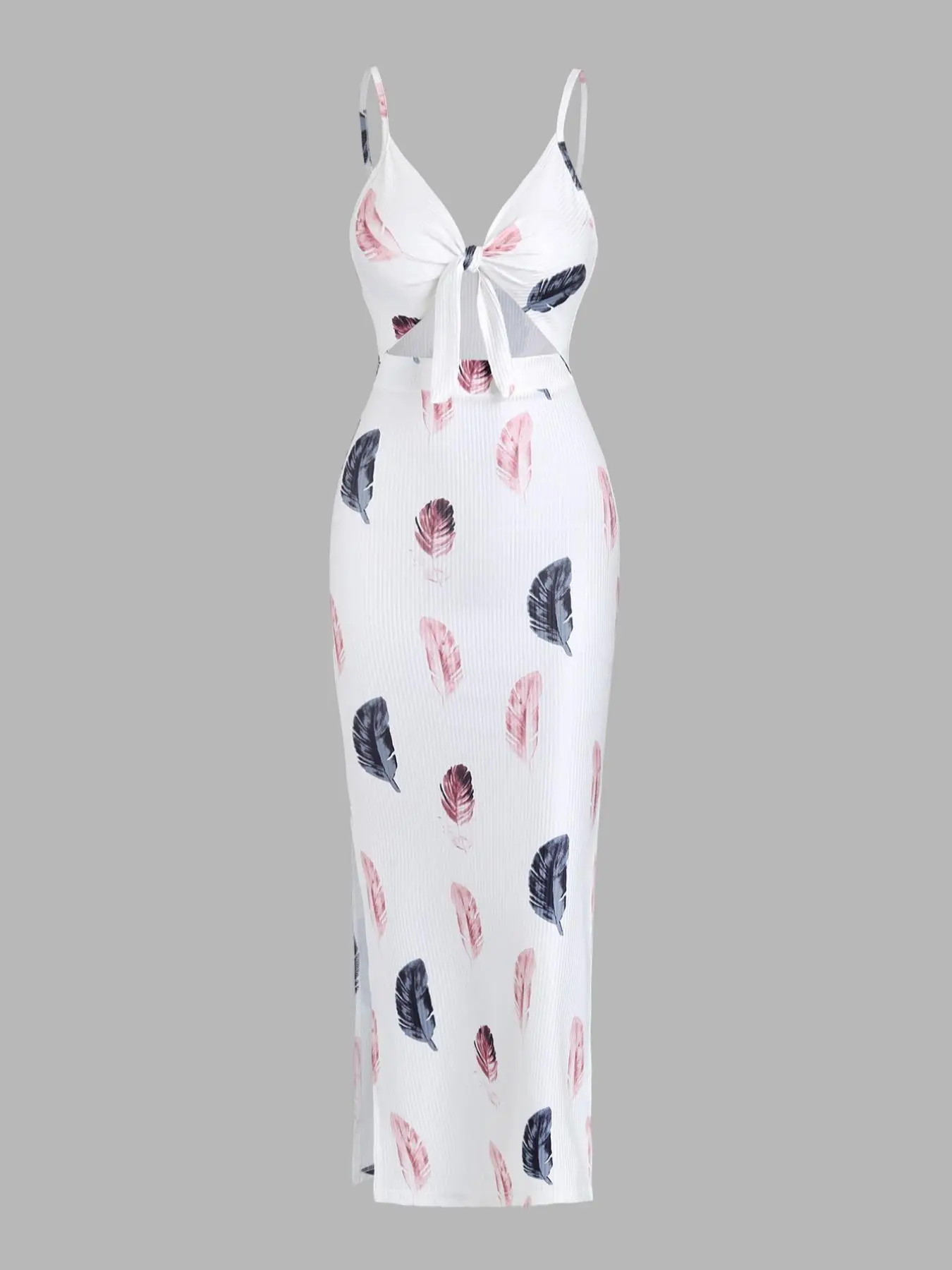 Women's Floral & Feather Print Cut Out Backless Sleeveless Cami Dress, Casual Adjustable Spaghetti Strap Split Thigh Long Dress for Summer, Ladies Clo