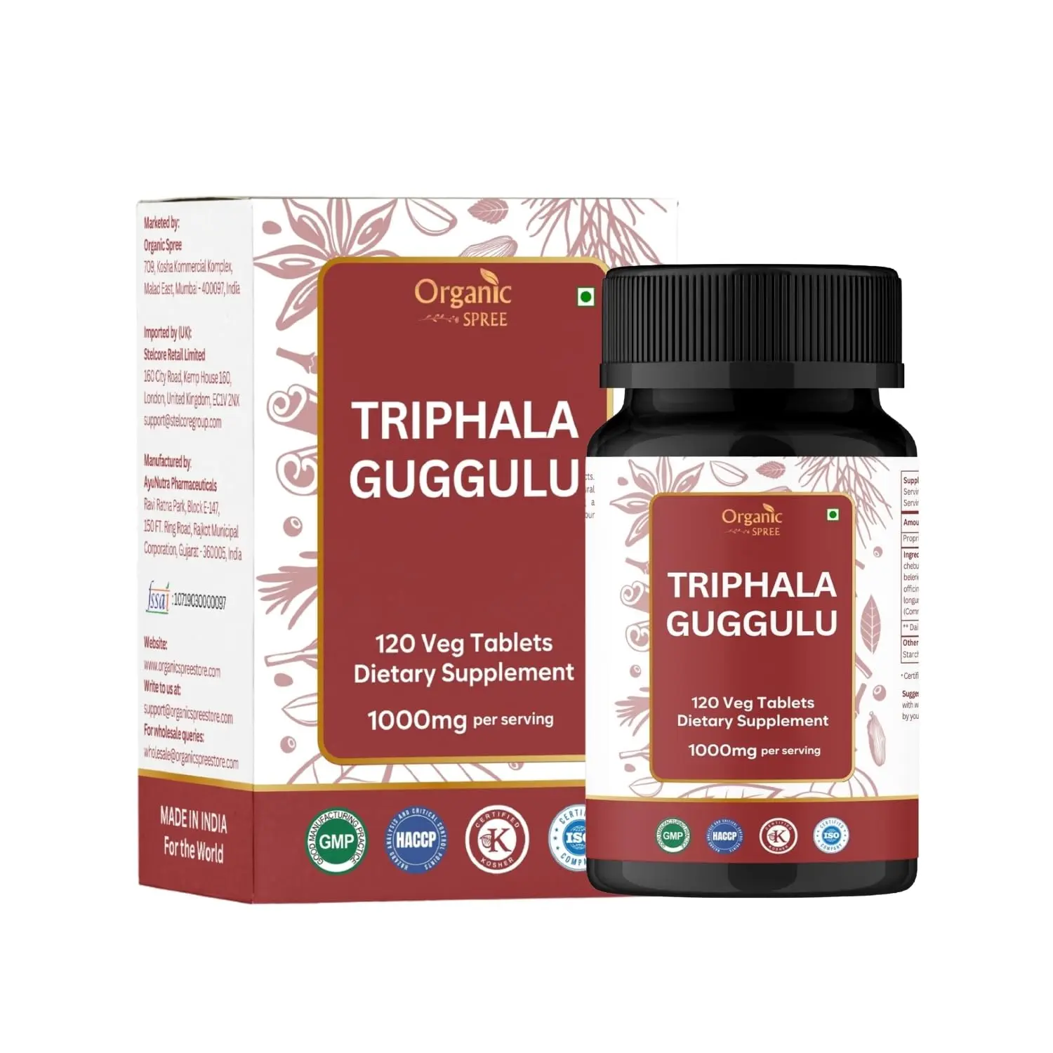 Organic Spree Triphala Guggulu Tablets – Amla, Haritaki & Bibhitaki Digestive Support | Herbal Digestion Formula | 120 Count Vegetarian