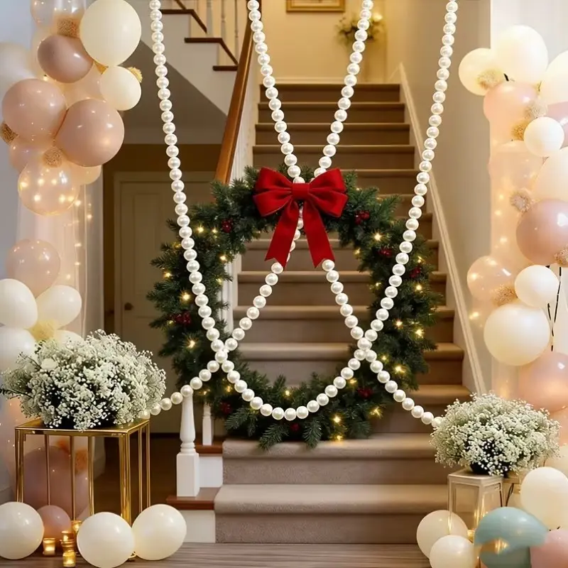 Pearl Wreath Stair Decoration, 20 Imitation Pearls, Home Stair Wedding Christmas Tree Party Decor, Elegant Festive Ornament, Garland, Greenery Decoration, Round Wreath Decorations, Festival Decorations, Holiday Decor