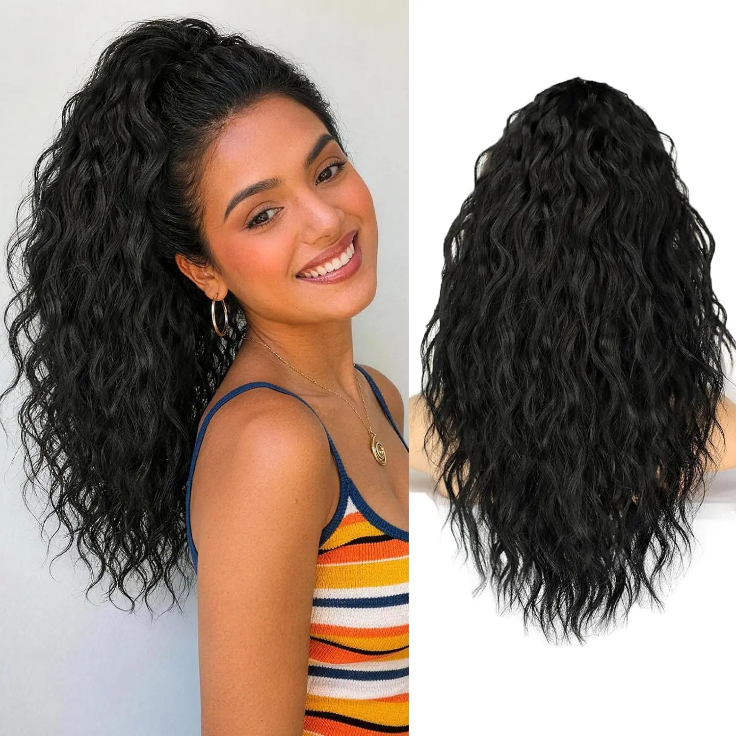 Ponytail Extension 18 Inch Black Claw Clip Ponytail Extensions for Women Multi Layered Fluffy Thick Wavy Jaw Clip in Fake Pony Tails Fake Hair Soft Synthetic Hairpiece