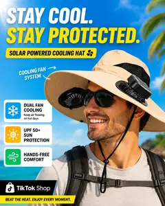 Solar Powered Cooling Fan Hat, UPF 50+ Sun Protection Bucket Hat with Dual Fans, Breathable Outdoor Hat for Fishing, Hiking, Camping, Beach and Summer Activities