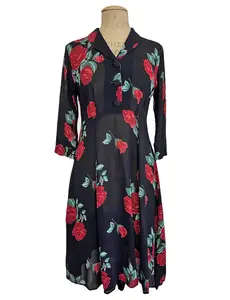 Sheer Romance Black & Red Rose 1940s Sleeved Vintage Day Dress