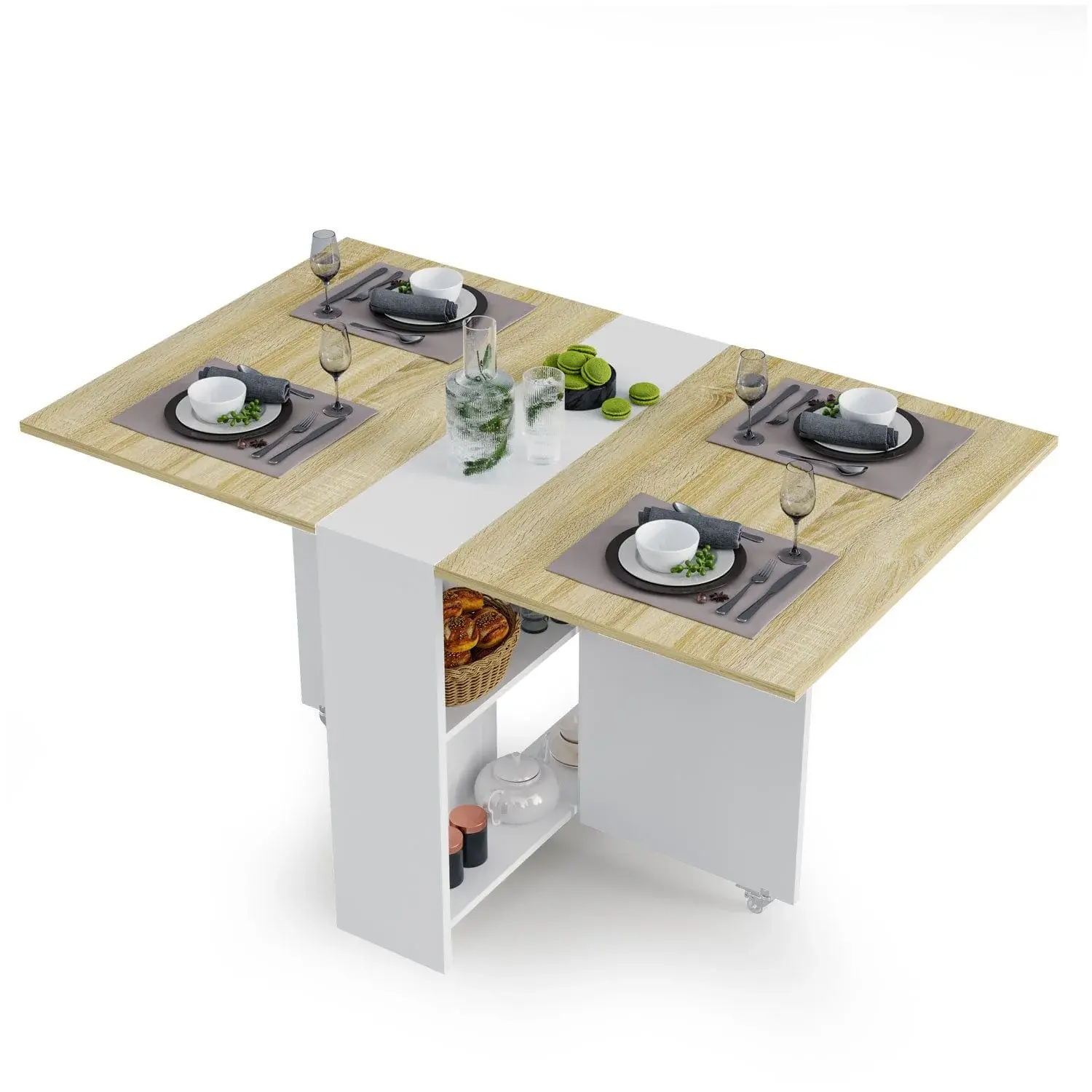 Sikaic Folding Dining Table - White, 4-in-1 Design Modern Adjustable Extendable Dining Room Furniture with Storage Shelves and 6 Casters, Extendable Dining Table, Modern Furniture