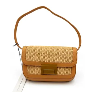 Loeffler Randall Stefania Baguette Bag with Gold-Tone Lock Hardware Woven Raffia-Style Texture Smooth Leather Trim Compact Size for Everyday Essentials