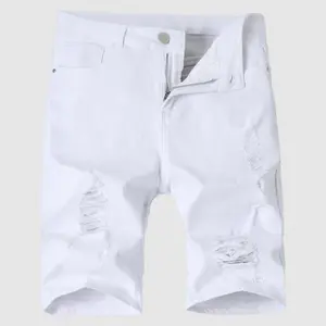 Men's High Cotton Y2K White Distressed Denim Shorts, Retro Solid White Jean Shorts with Frayed Rips & Slim Fit, Streetwear Casual Jorts for Men